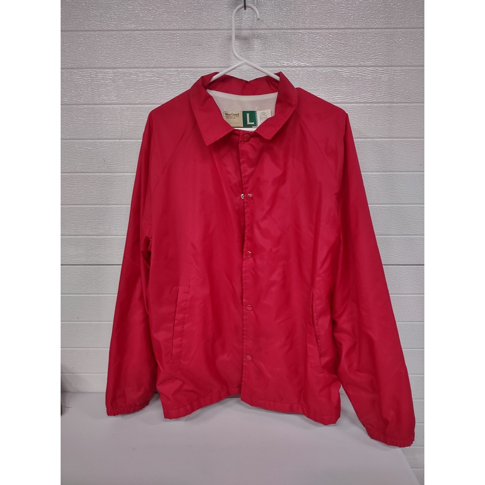 Vintage WearGuard Mens Red Nylon Coaches Jacket Snap Front Windbreaker Large USA